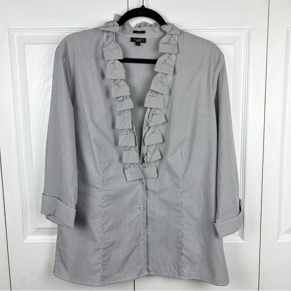 Talbots Stretch Gray Strip Button Blouse Ruffle V-neck & Front Size 20 Cot-Blend